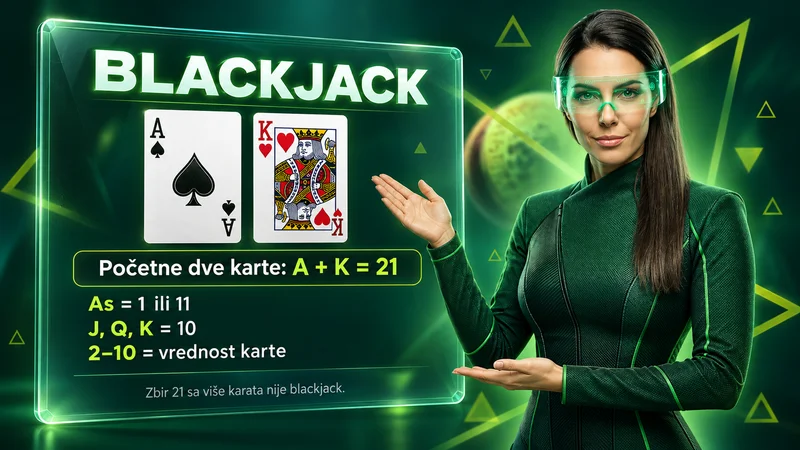 Kazino lik objašnjava vrednosti karata: as vredi 1 ili 11, slike 10, a početni as i kralj čine blackjack