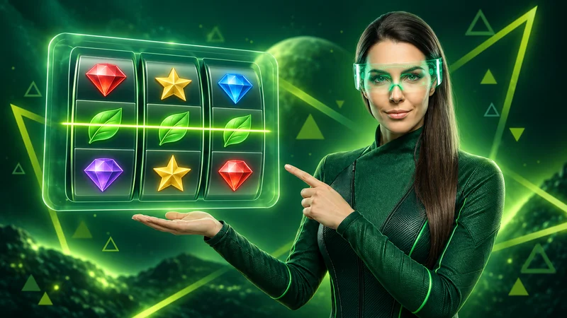 VivatBet kazino lik pored ilustrativnih slot valjaka sa označenom srednjom linijom