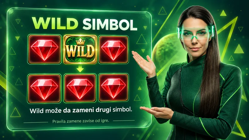 Kazino lik pokazuje kako Wild između dva rubina može da zameni rubin i formira kombinaciju od tri ista simbola